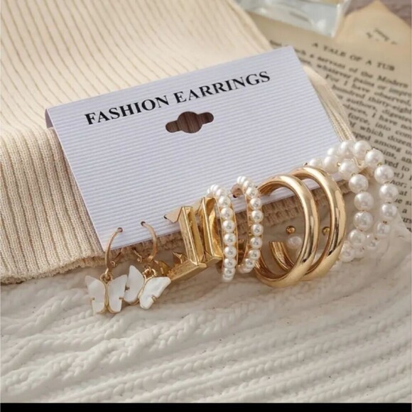 pearl butterfly gold hoop earring set bundle elegant lot - Picture 1 of 9